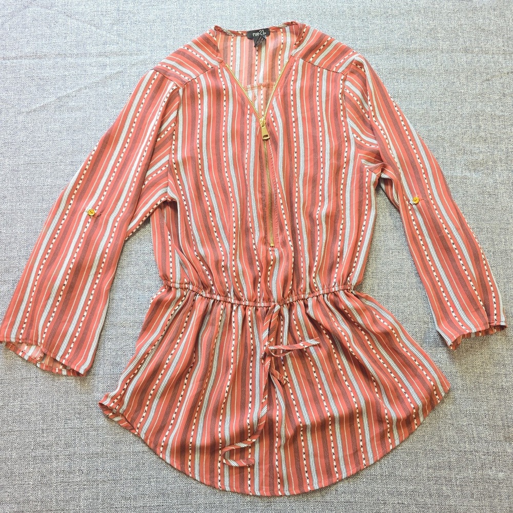 Rue 21 Striped Zip Up Tunic Top Women's Size M Long Sleeve Drawstring Waist